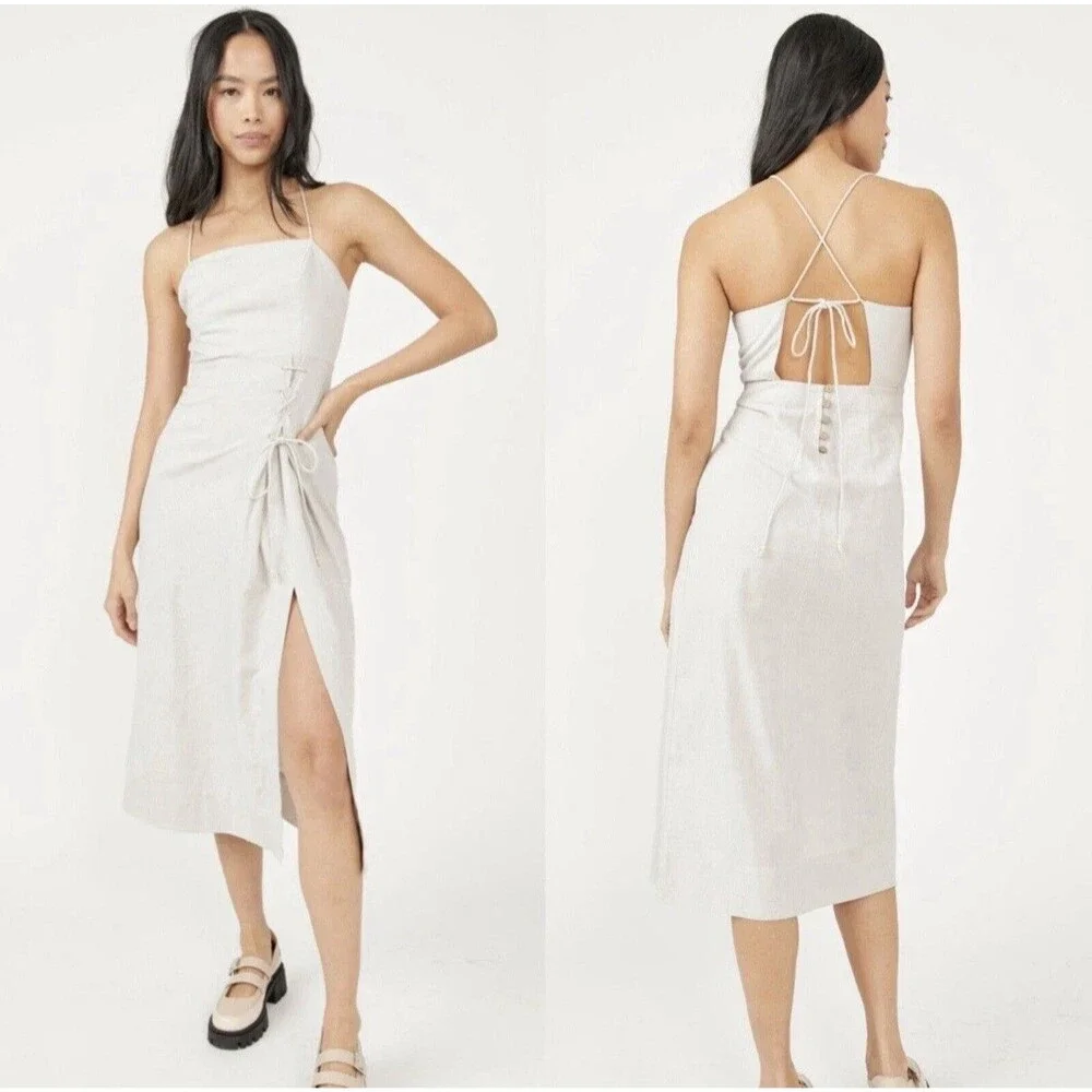 NWT Free People Francesca Linen Midi Dress Womens Sz L Ocean Pearl Lace Up Slit